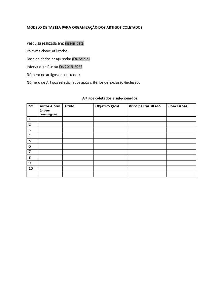 Modelo Tabela Obtenção Resultados | PDF
