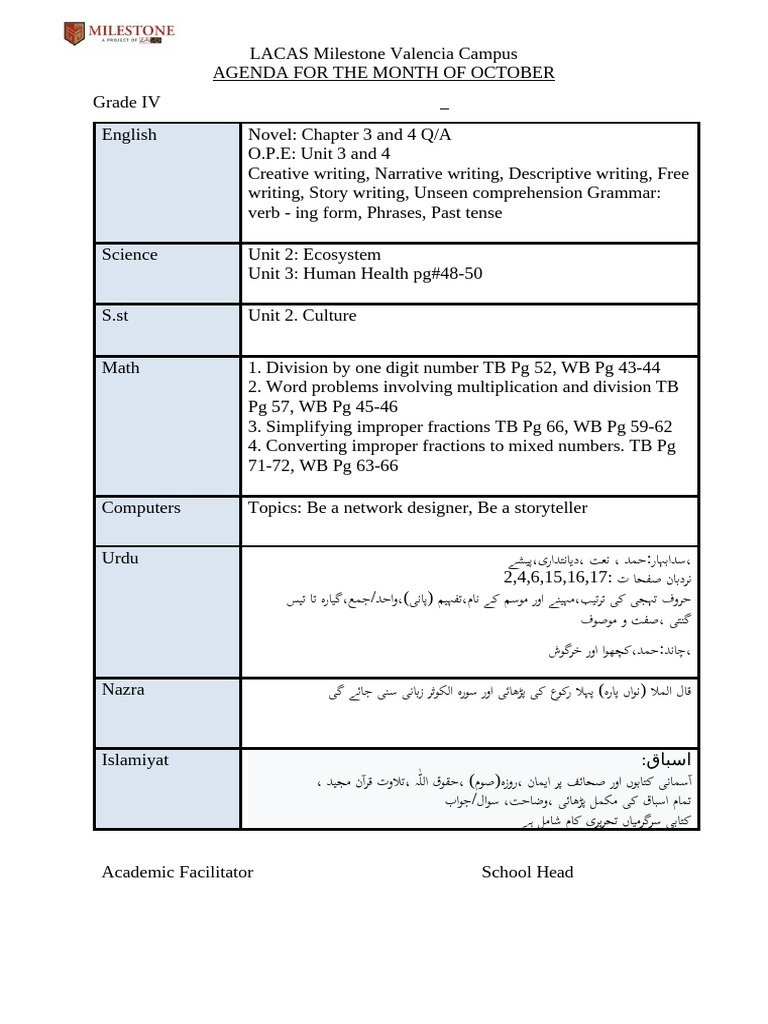 Grade 4 monthly agenda pdf