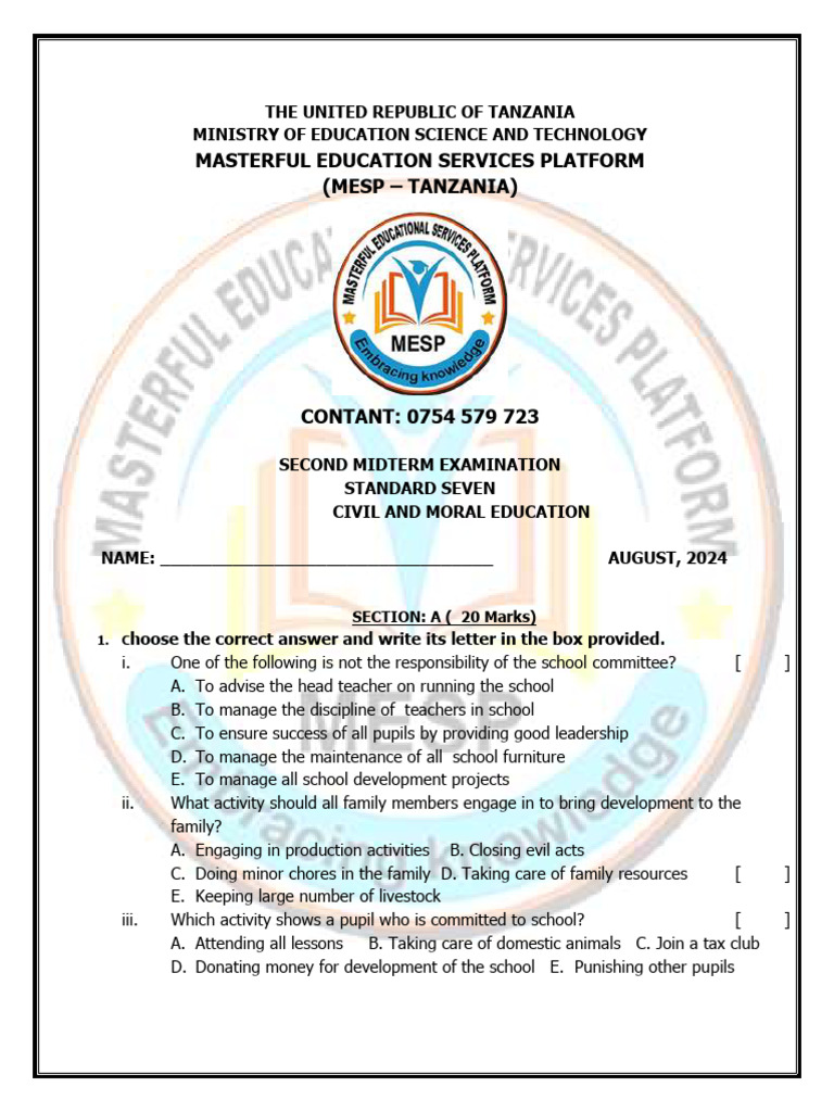 Standard Seven, Mesp-Tanzania Sec. Midterm-1 | PDF