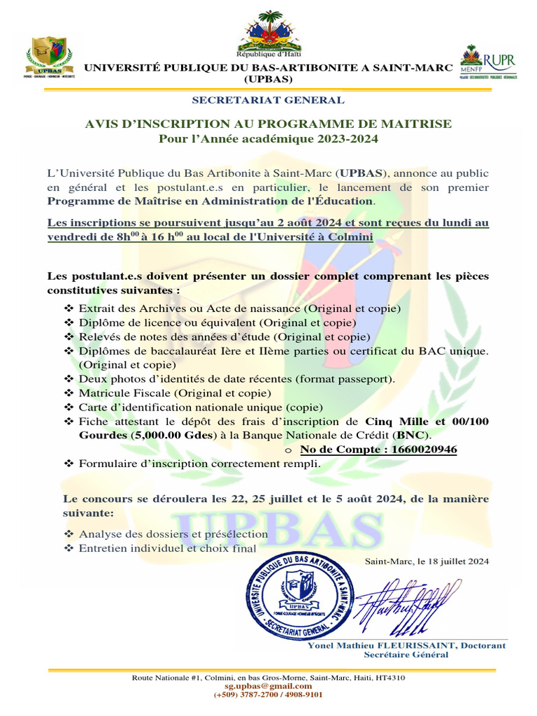 Inscription Programme Maîtrise UPBAS 2023-2024 | PDF