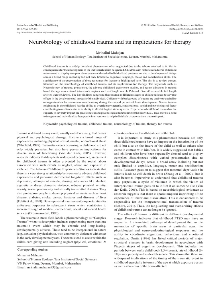 Neurobiology of Childhood Trauma and Its Implications For Therapy 2018 ...
