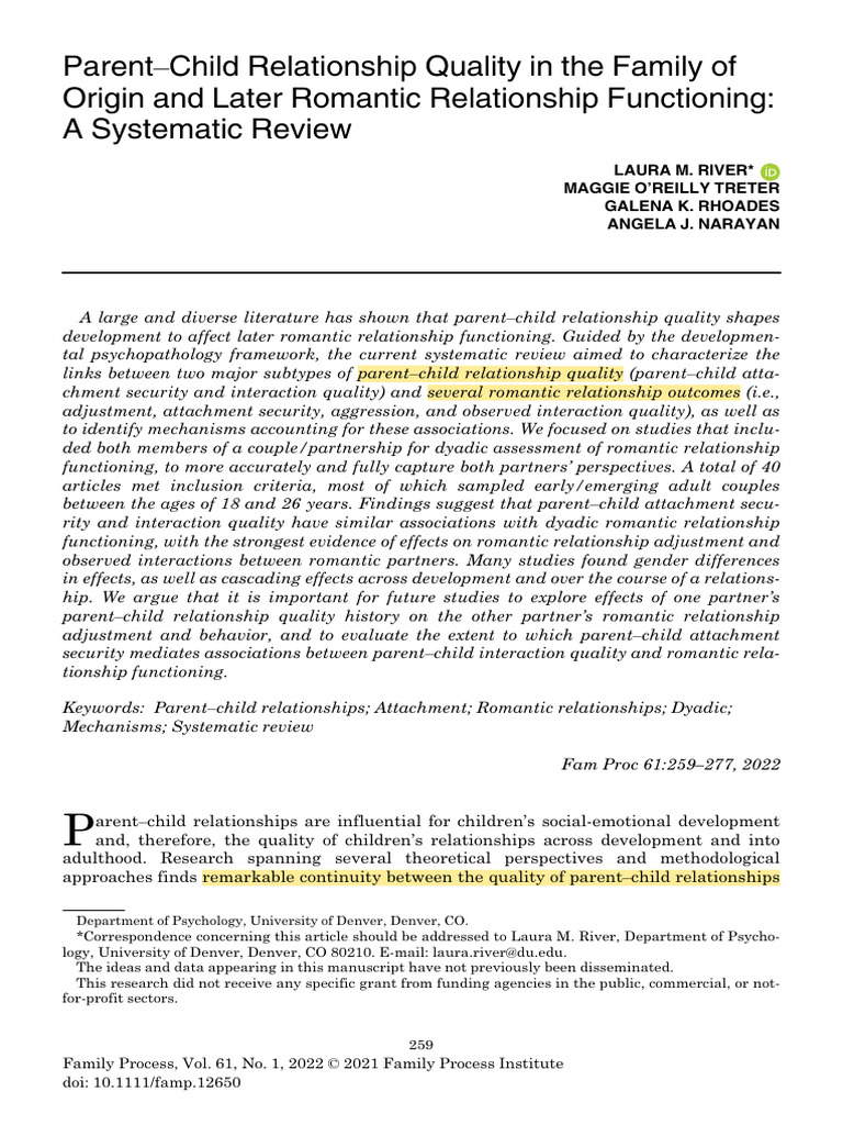Parent Child Relationship Quality in The Family of Origin and Later ...