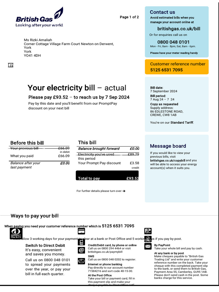 Your Electricity Bill - Actual: Britishgas - Co.uk/bill 0800 048 0101 | PDF