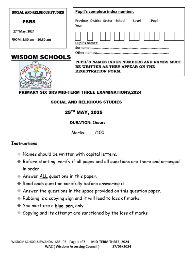 P6 SRS Mid-Term Exam Questions 2024 | PDF | History