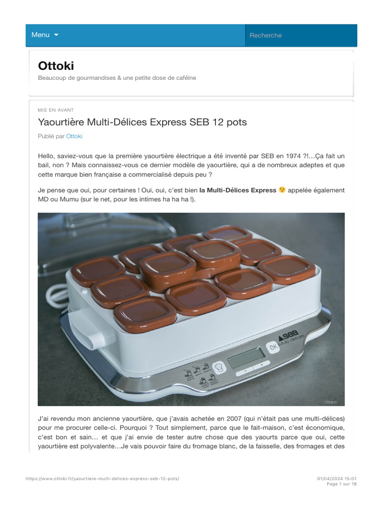 Yaourtière Multi-Délices Express SEB 12 Pots - Ottoki | PDF