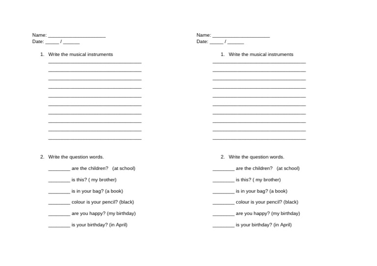 Test Musical Instruments Question Words | PDF