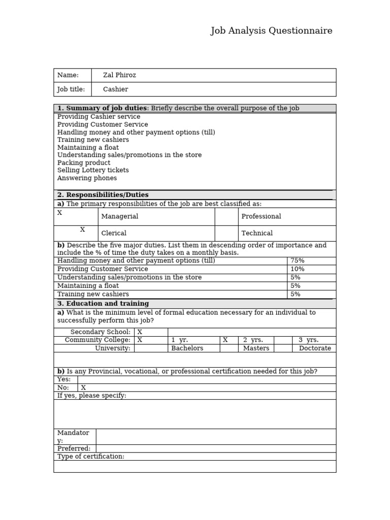 Job Analysis Questionaire - Cashier Sample | PDF