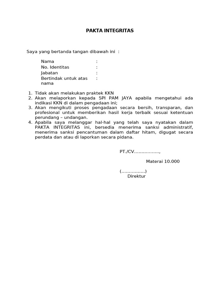 G. Contoh Format Pakta Integritas | PDF
