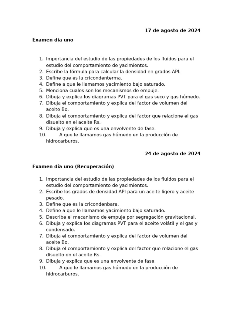 Exámenes sobre propiedades de fluidos y yacimientos | PDF | Gases ...
