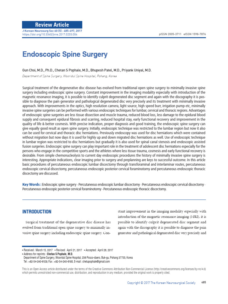 Choi Et Al 2017 Review Endoscopic Spine Surgery Pdf