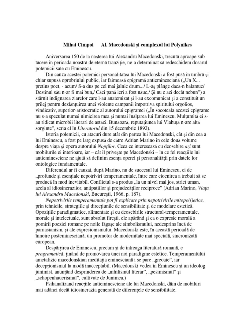 Al Macedonski Si Complexul Lui Polynikes | PDF