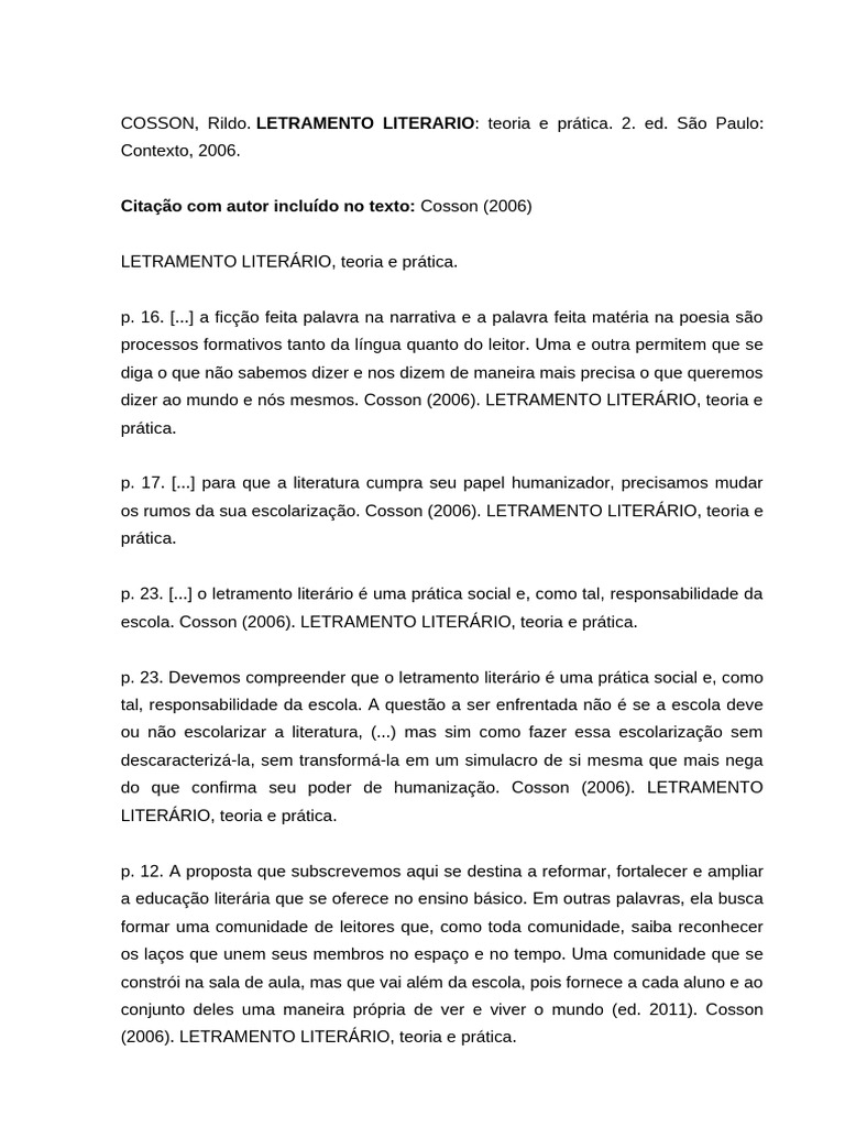 Fichamento - Rildo Cosson - Letramento Literário | PDF