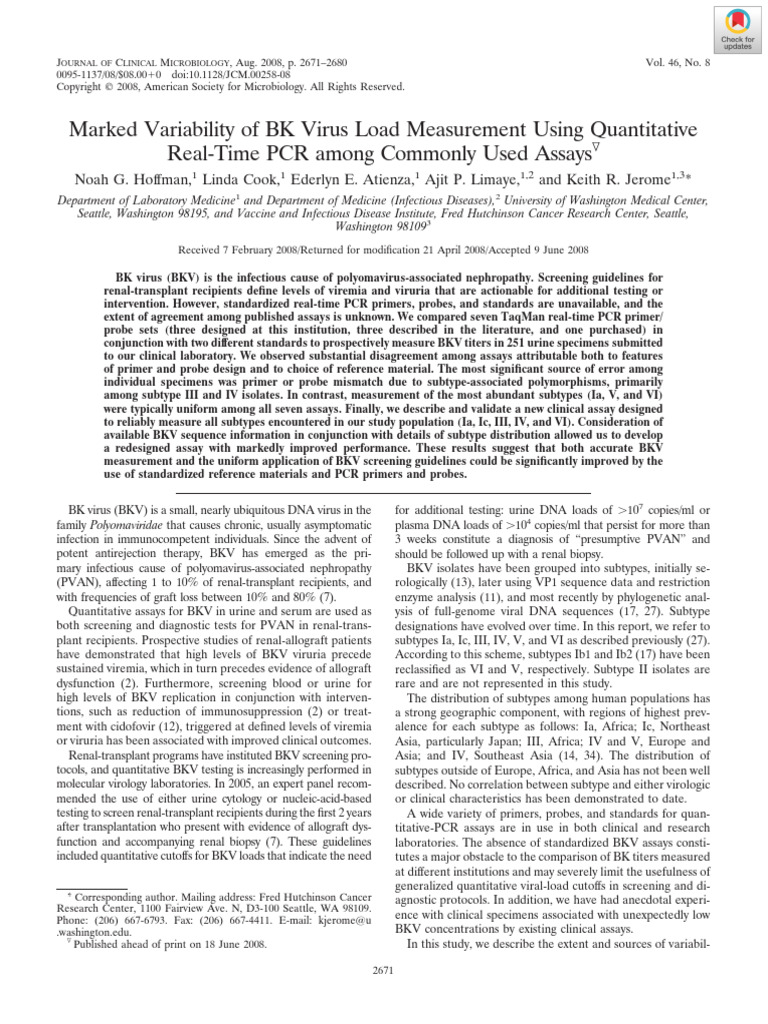 Jerome Et Al 2008 Marked Variability of BK Virus Load Measurement Using ...