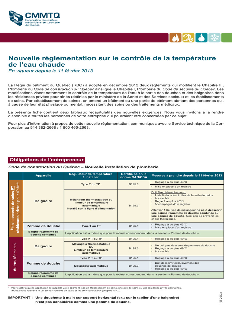 Plomberie Reglement Eau Chaude Tableau Obligations CMMTQ | PDF