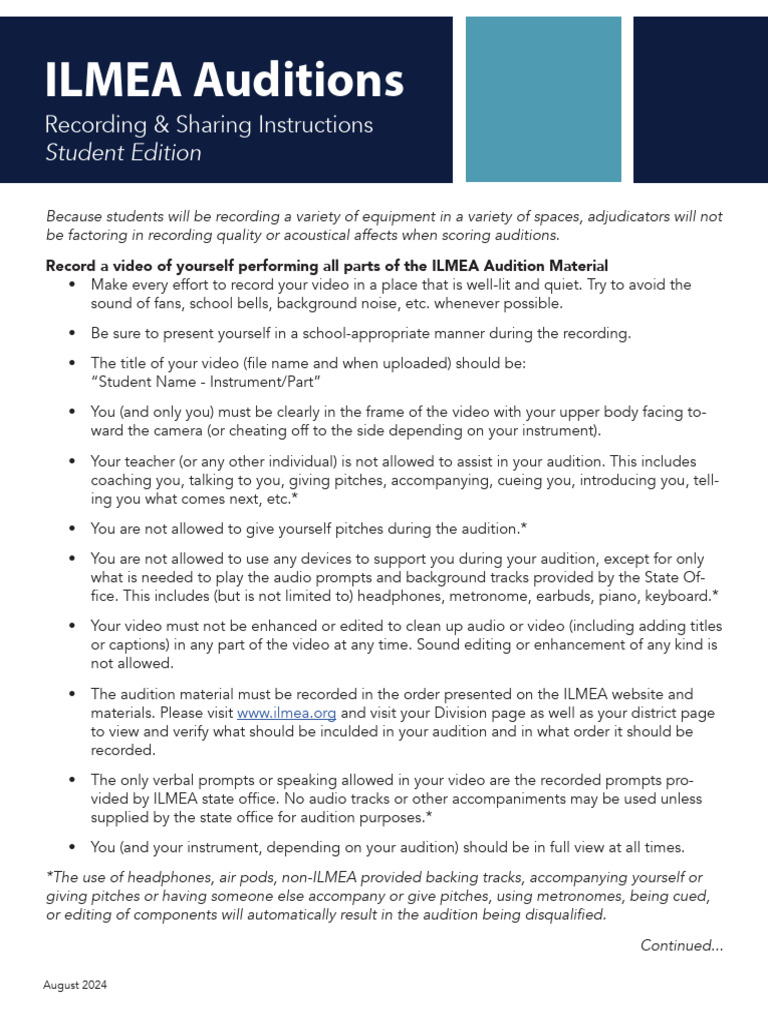 24-25 Audition Video Recording Instructions - STUDENT EDITION | PDF