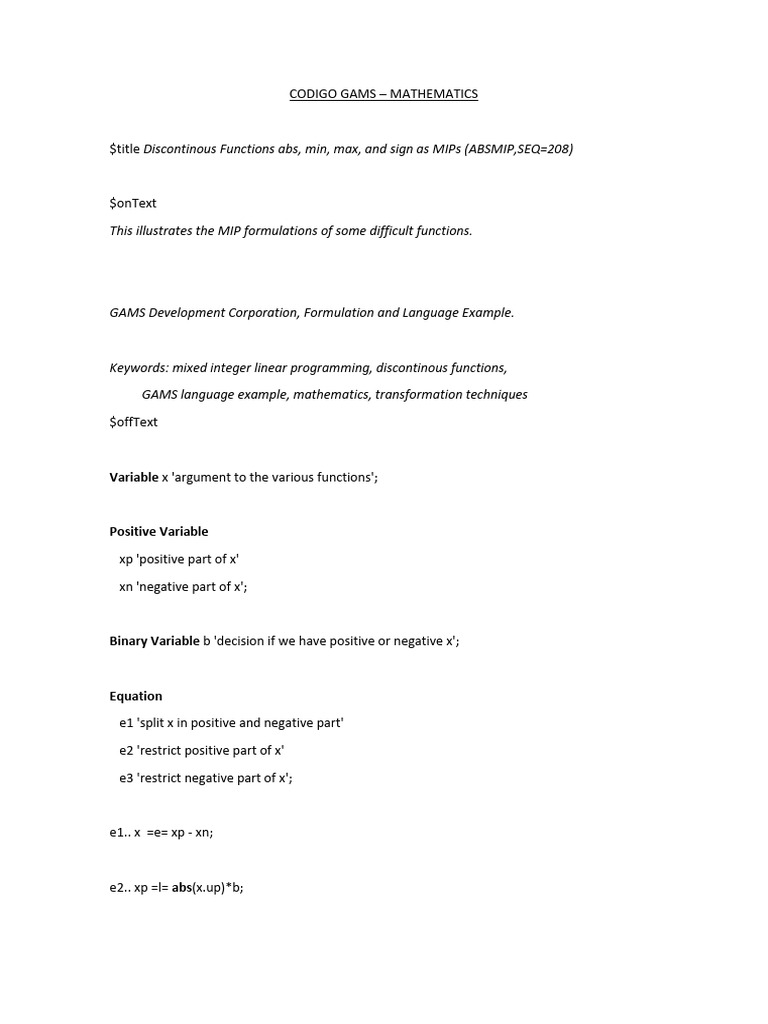 CODIGO GAMS - Mathematics | PDF