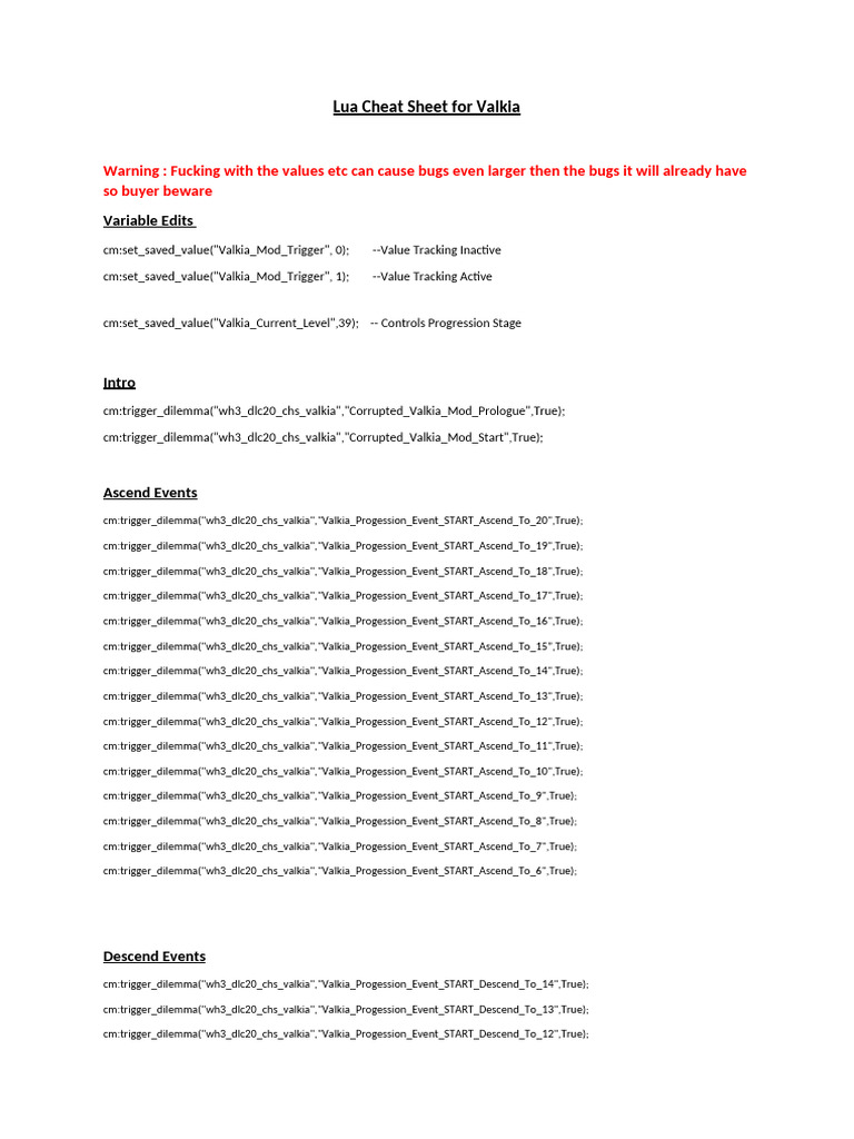 (Public) Lua Cheat Sheet For Valkia | PDF