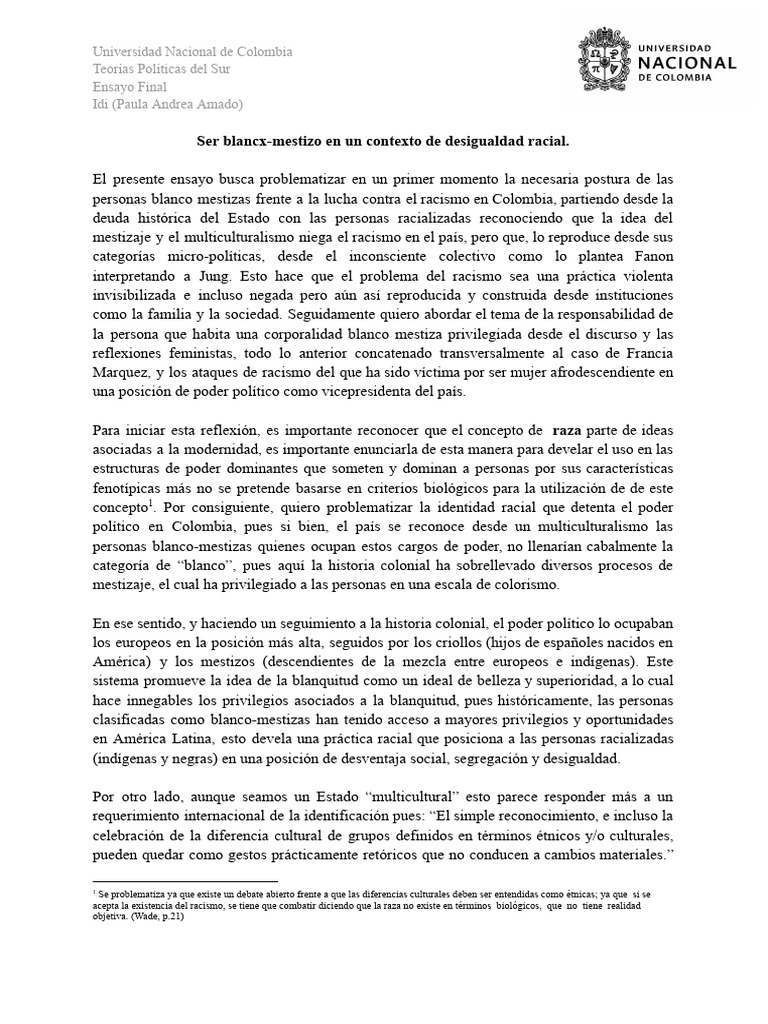 Ser Blancx-Mestizo en Un Contexto de Desigualdad Racial | PDF