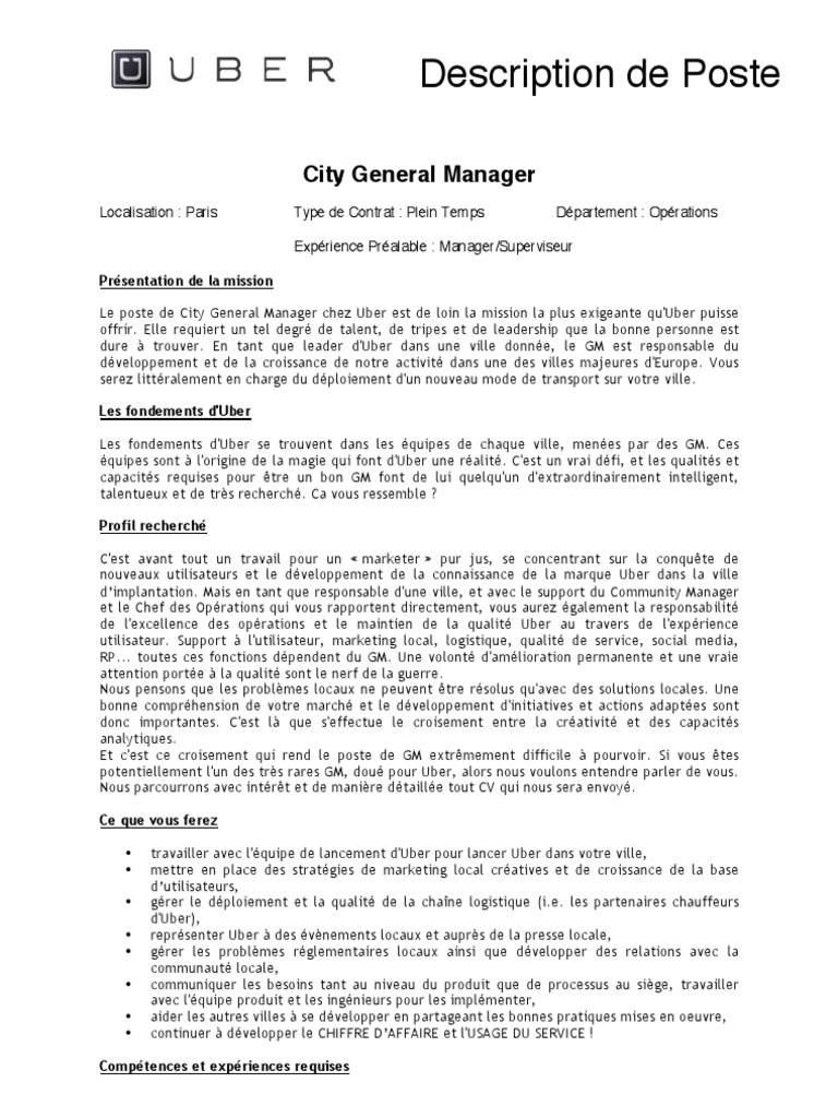 Fiche de poste : General Manager