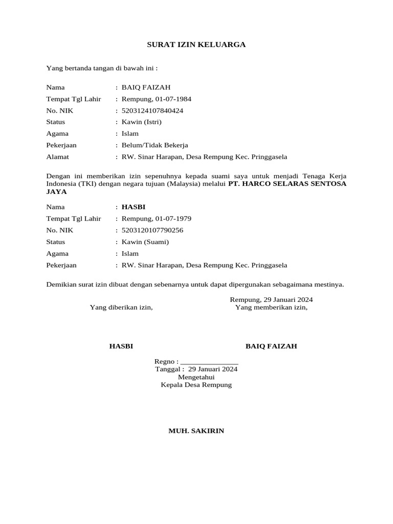 Surat Izin Keluarga | PDF