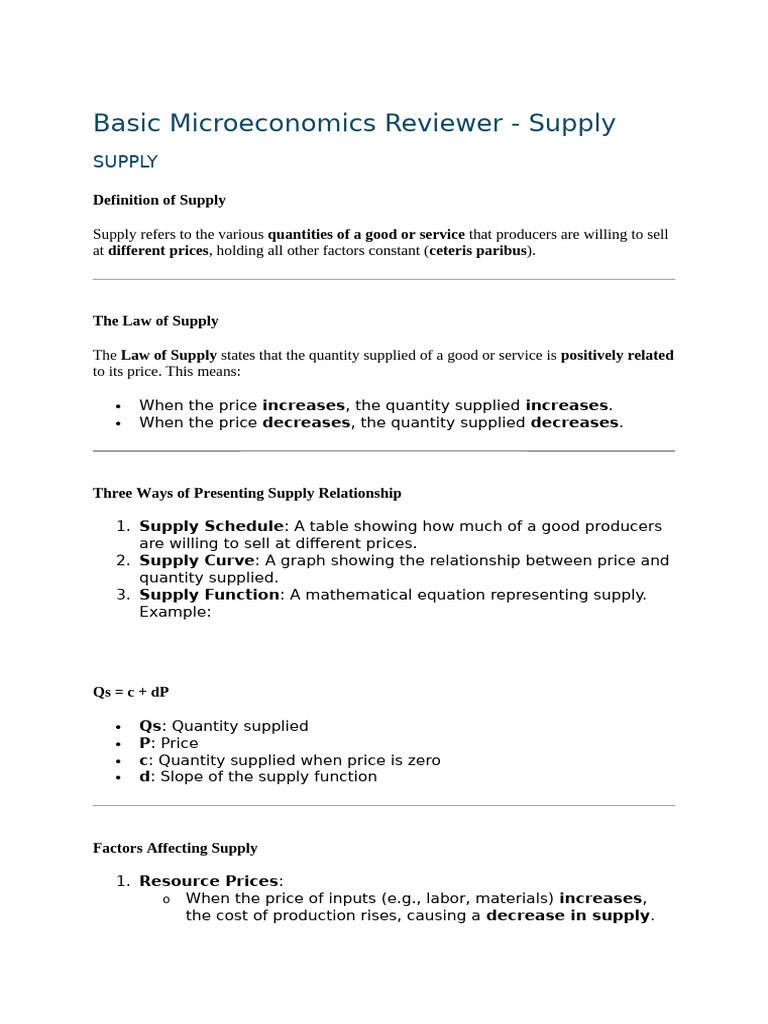 Basic Microeconomics Reviewer Supply Pdf Supply Economics