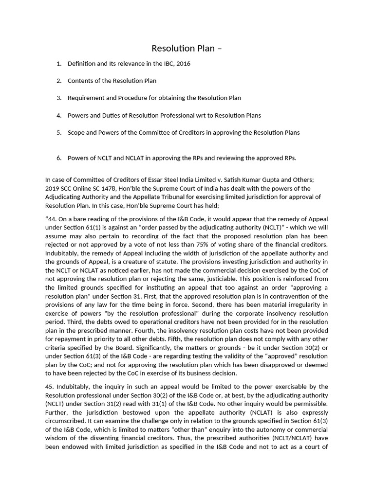 Resolution Plan - Commentary | PDF