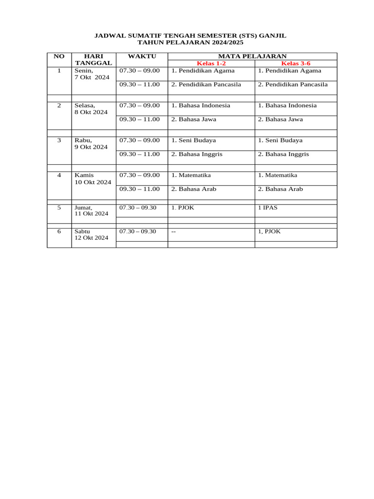 Jadwal Sumatif Tengah Semester 2024 Pdf