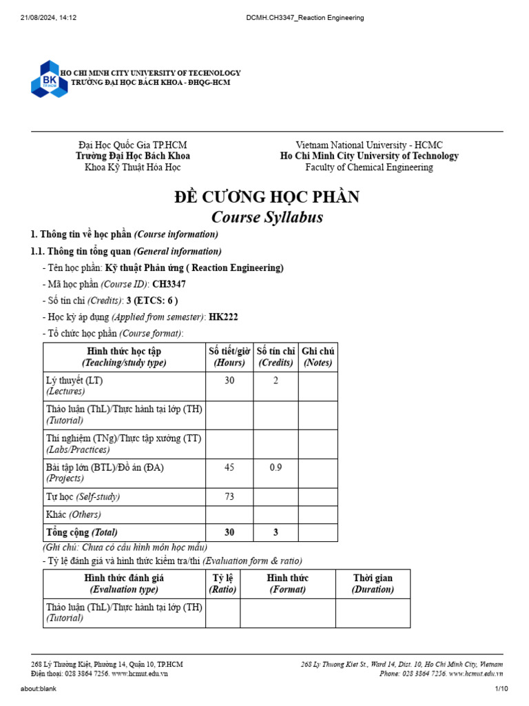 Reaction Engineering Course Syllabus | PDF