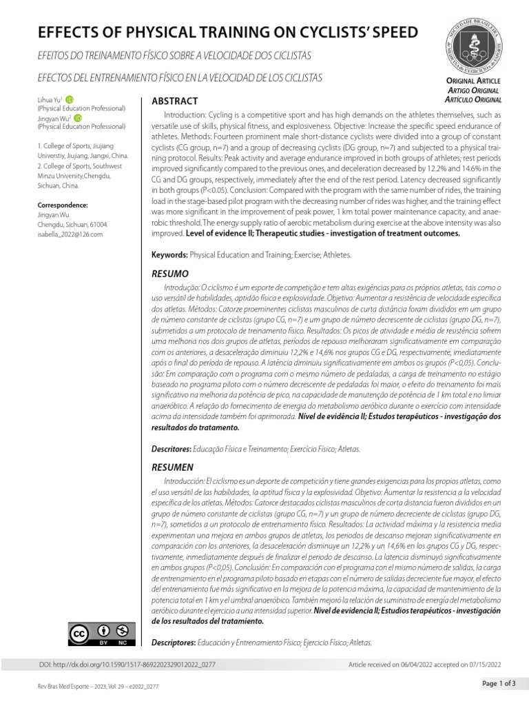Effects of Physical Training On Cyclists Speed | PDF