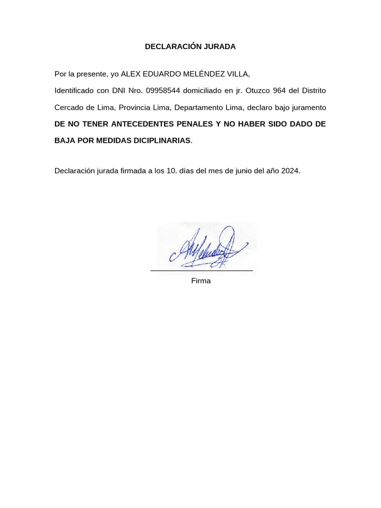 Declaración Jurada de Servicio en Zona de Emergencia | PDF