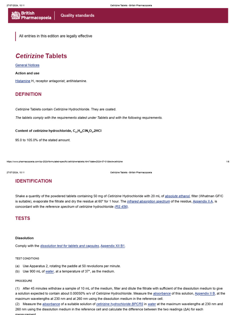 Cetirizine Hydrochloride BP Monograph | PDF | Chromatography | Science ...