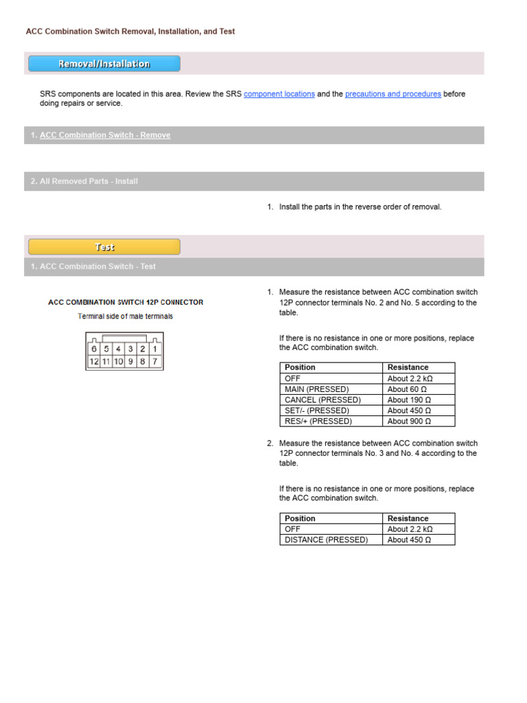 ACC Combination Switch Removal, Installation, and Test 3729 | PDF