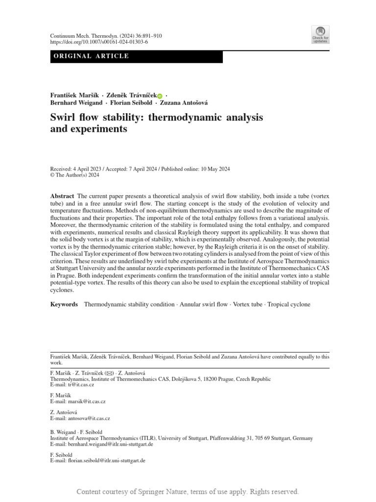 Swirl Flow Stability Thermodynamic Analysis and Ex | PDF