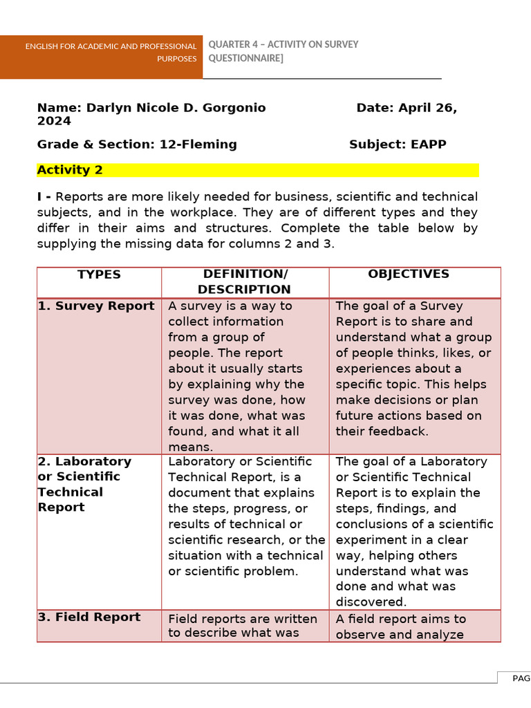 G 20232024 q4 Activity On Survey Questionnaire | PDF