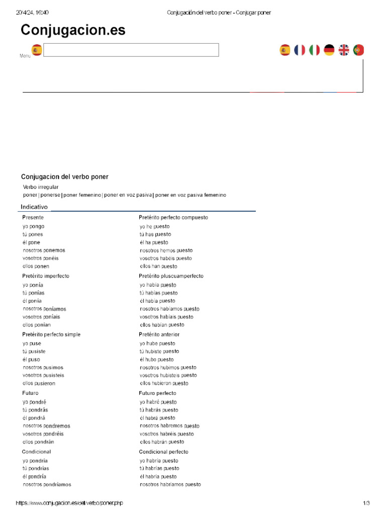 Conjugación del verbo poner - Conjugar poner | PDF