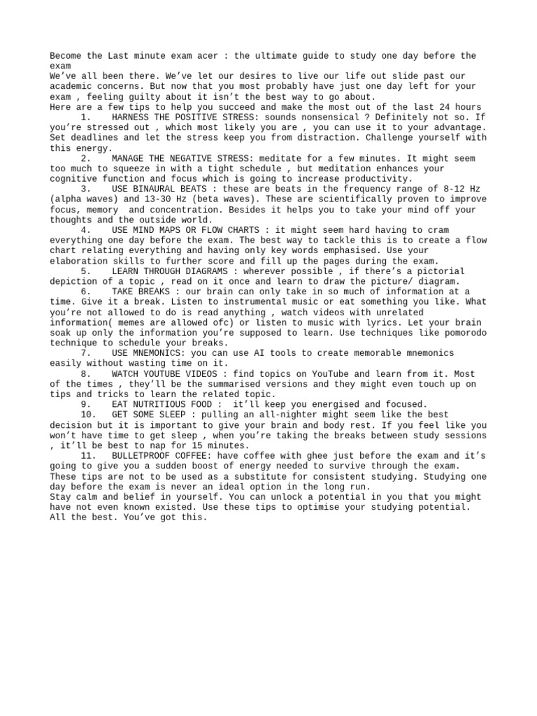 How To Study One Day Before The Exam | PDF | Meditation | Cognition