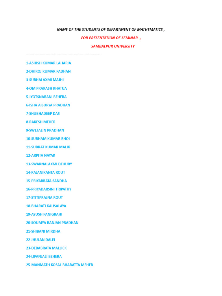 Name of The Students of Department of Mathematics ,: For Presentation ...