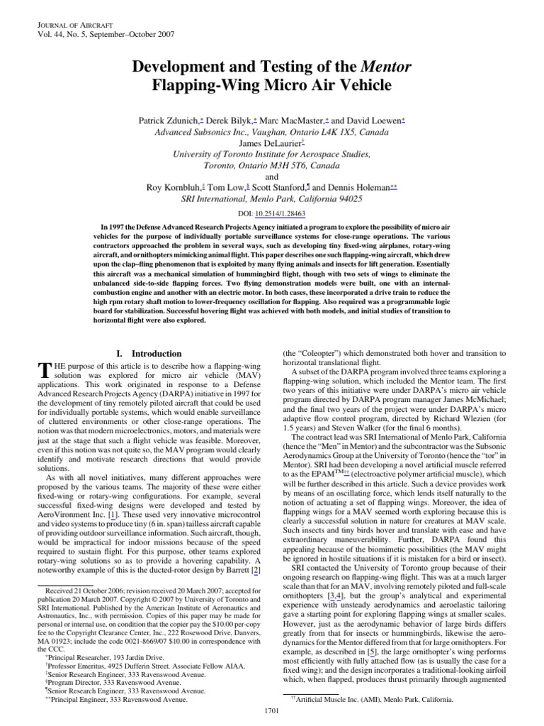 Development and Testing of The Mentor Flapping-Wing Micro Air Vehicle | PDF
