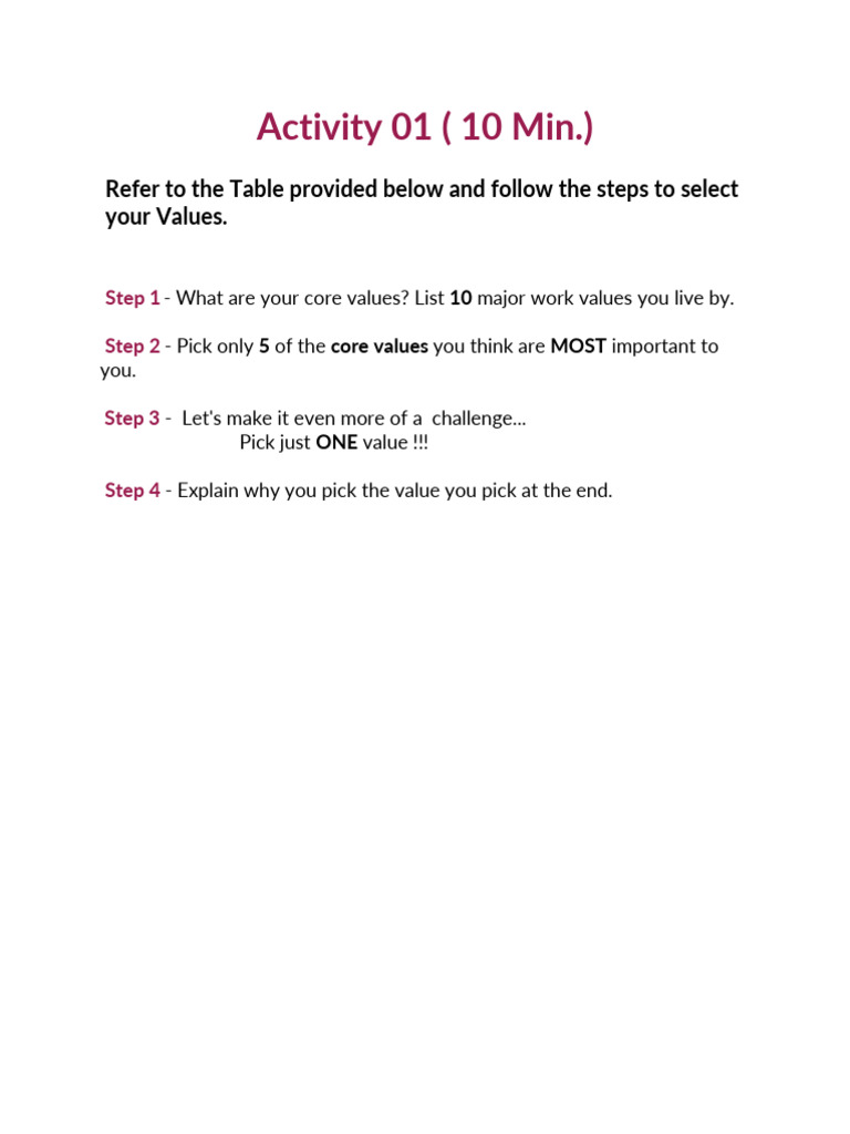 Day 1- Activity 1- Work life values | PDF