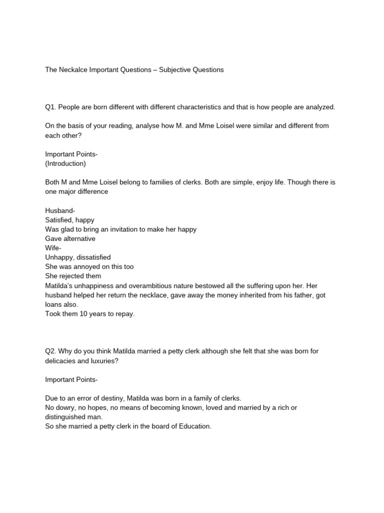 The Neckalce Important Questions - Subjective Questions | PDF