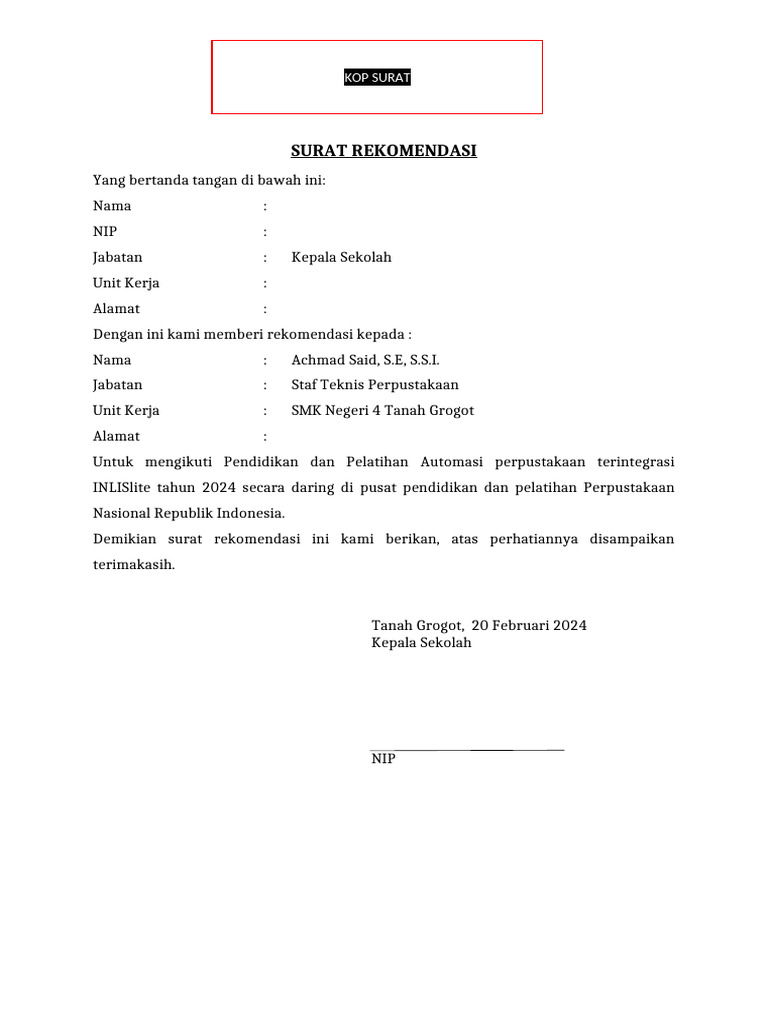 Surat Rekomendasi Diklat Automasi Perpustakaan Terintegrasi Inlislite PDF