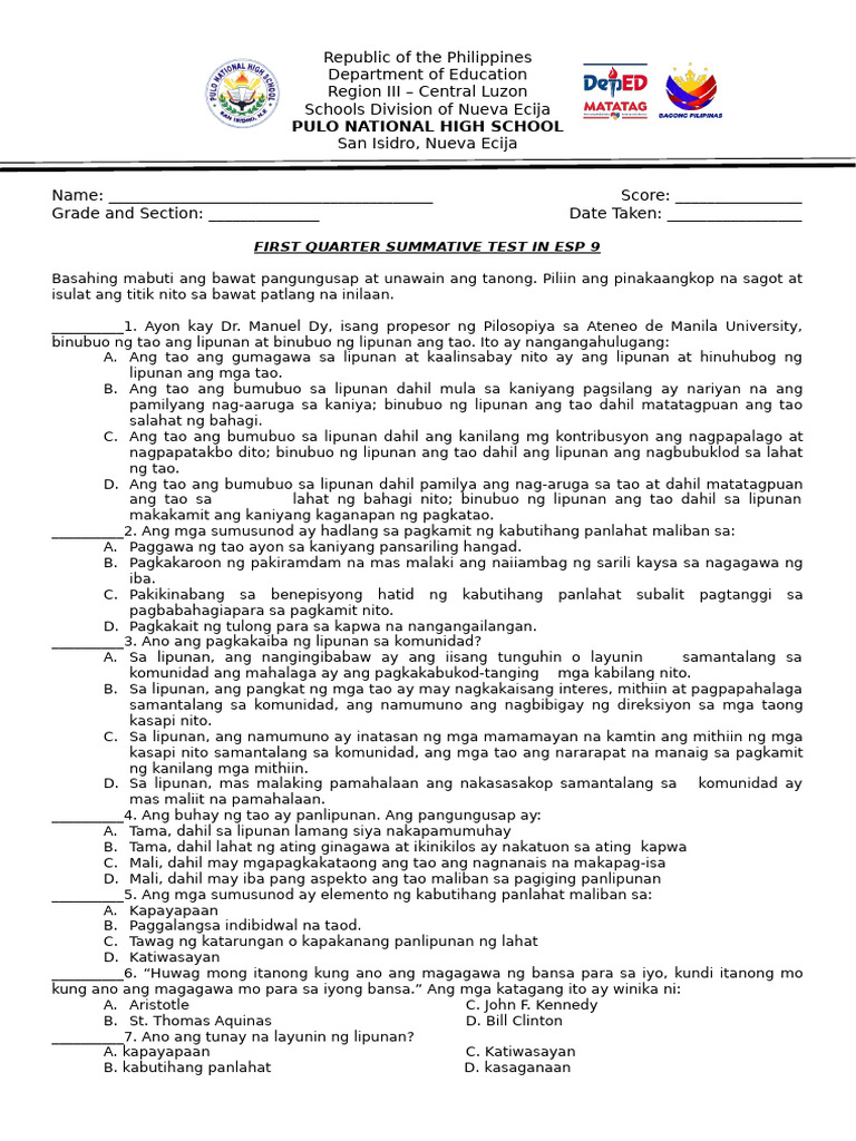 Summative Test ESP First Quarter | PDF
