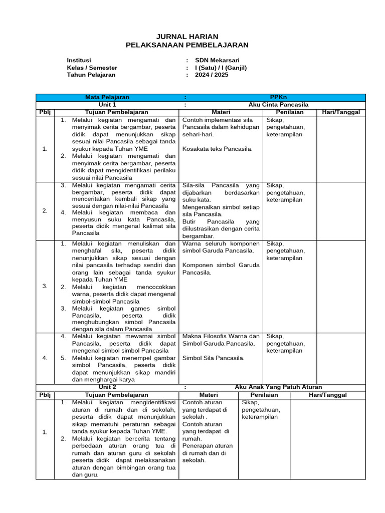 Jurnal Harian Kelas 1 Semester 1 Kurmer | PDF