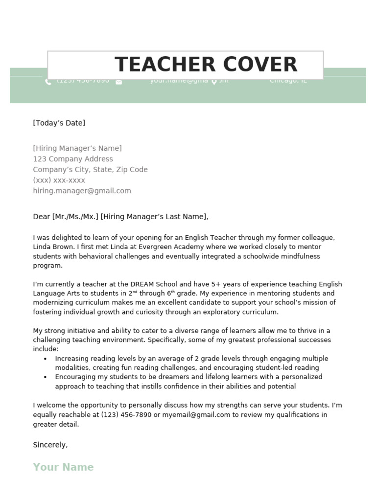 Teacher Cover Letter Sample Template Pdf
