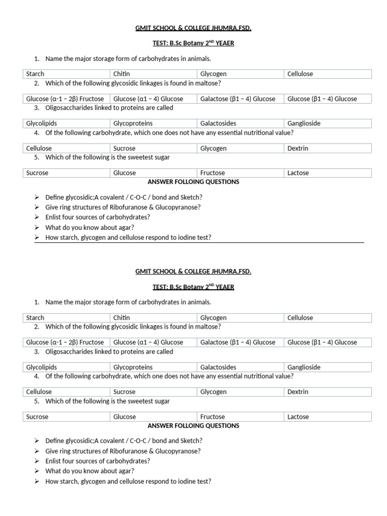 Carbohydrates Test | PDF