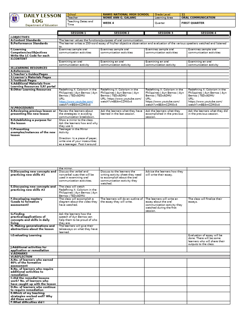 Daily Lesson LOG: Department of Education | PDF