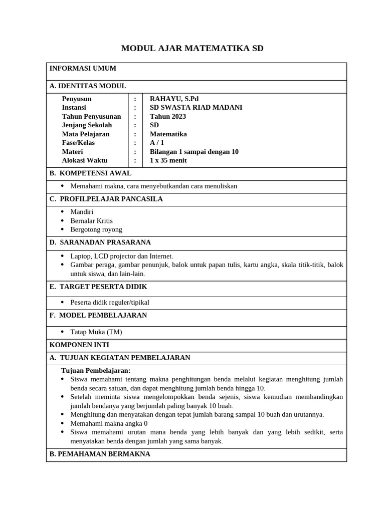 Modul Ajar Matematiks BAB 1 KELAS 1 | PDF