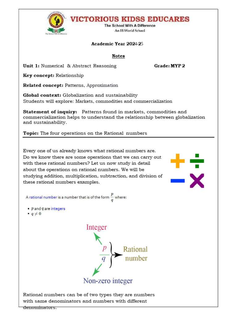MYP 2 - Unit 2 - Notes 5 The Four Operations On The Rational Numbers | PDF