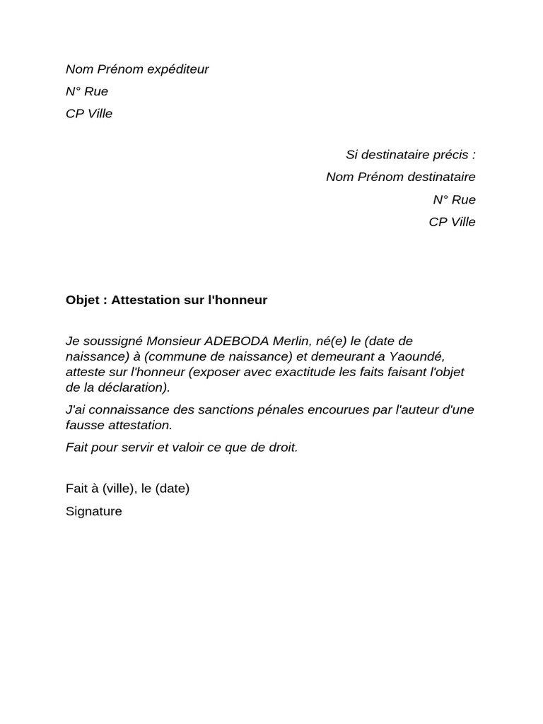 Modèle-attestation-sur-lhonneur | PDF
