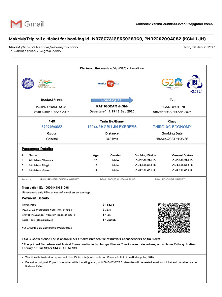 Makemytrip rail e ticket for booking id nr7607316855928960